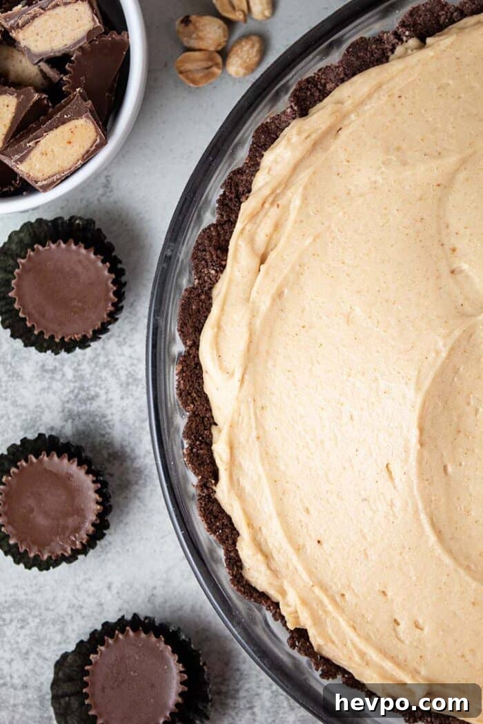 overhead view of keto peanut butter pie in a glass pie dish