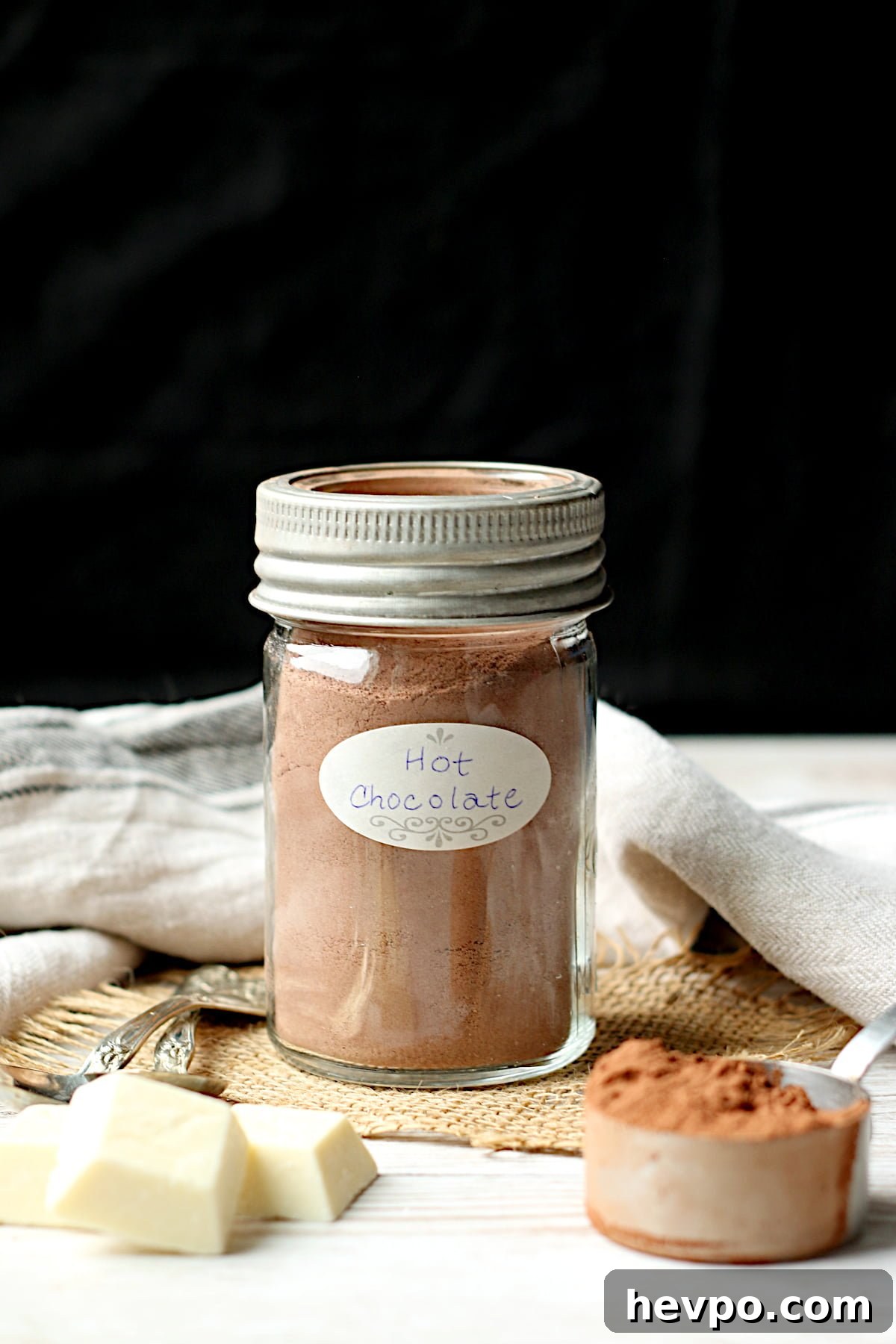 DIY Hot Chocolate Mix in a glass jar.