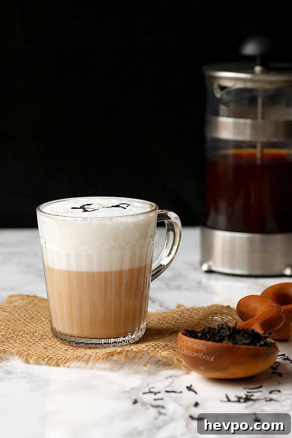 London Fog latte in a clear mug