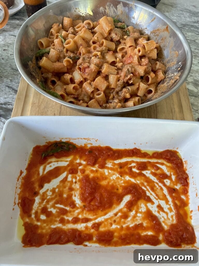 Baked Rigatoni al Forno with Sausage and Beef: Rustic Oven Pasta 12 Bowl of pasta mixture next to tomato sauce-lined baking dish.