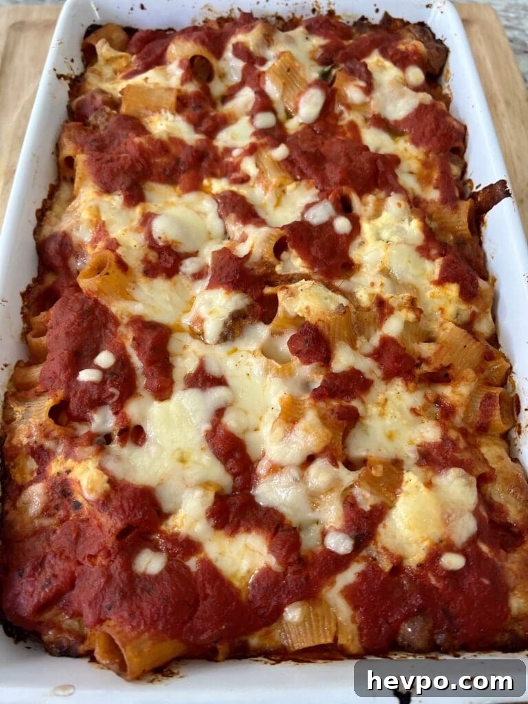 Baked Rigatoni al Forno with Sausage and Beef: Rustic Oven Pasta 17 Baked Rigatoni and meat sauce just out of the oven.