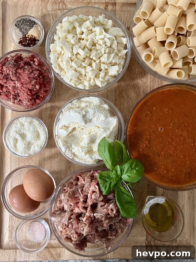Baked Rigatoni al Forno with Sausage and Beef: Rustic Oven Pasta 4 All ingredients for rigatoni and meat sauce on cutting board.