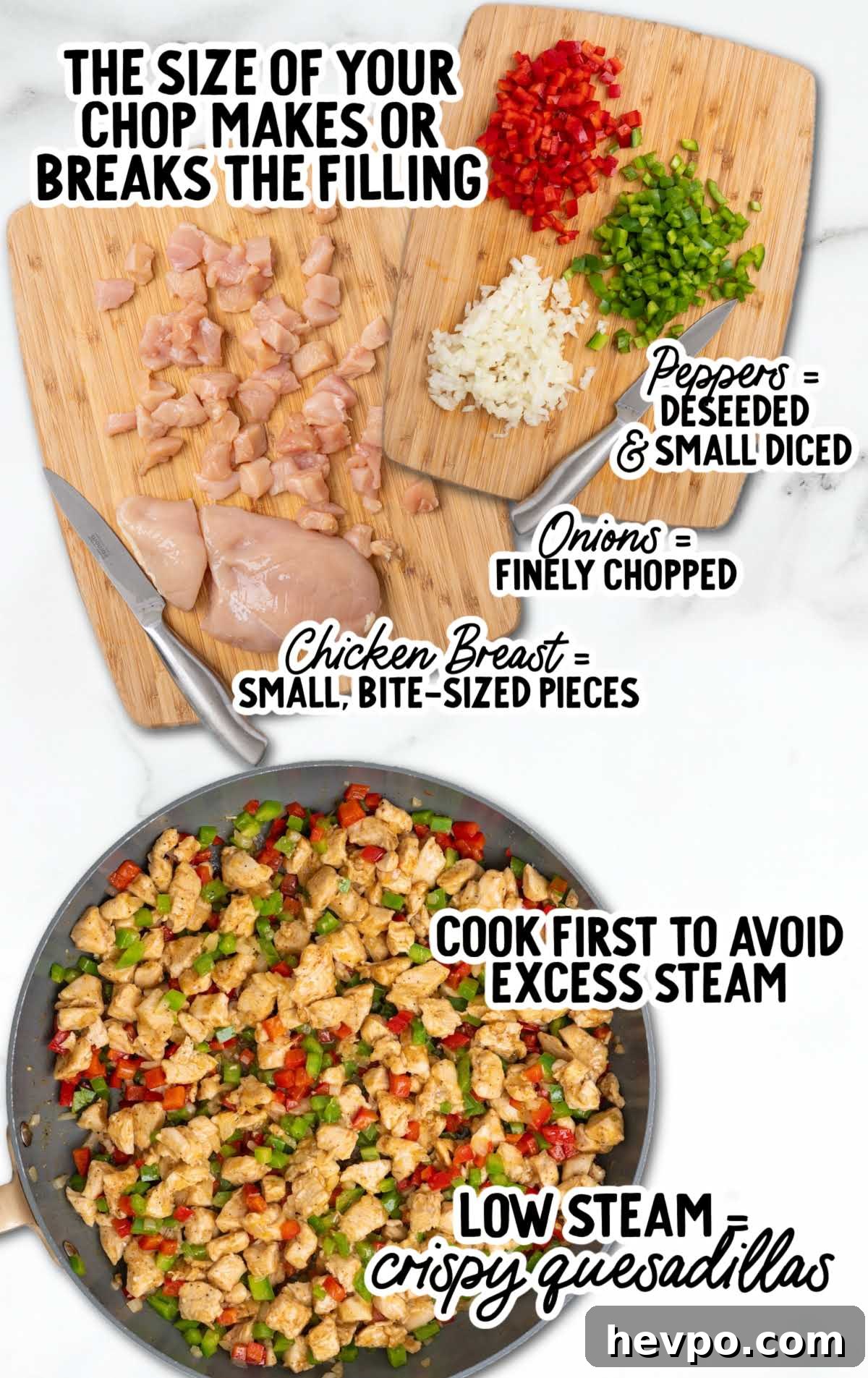 Sizzling Steak and Pepper Fajita Quesadilla Recipe 4 Diced chicken and vegetables cooked in skillet for fajita quesadilla filling