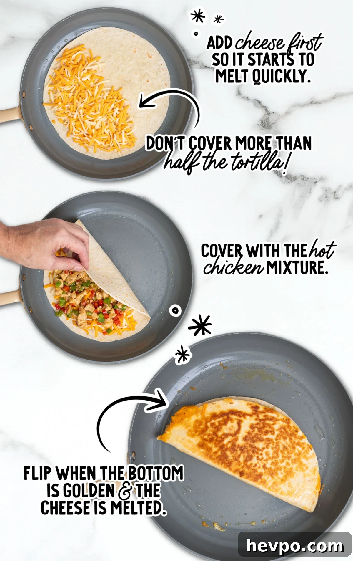 Sizzling Steak and Pepper Fajita Quesadilla Recipe 5 Assembling chicken fajita quesadilla in skillet and flipping until golden brown