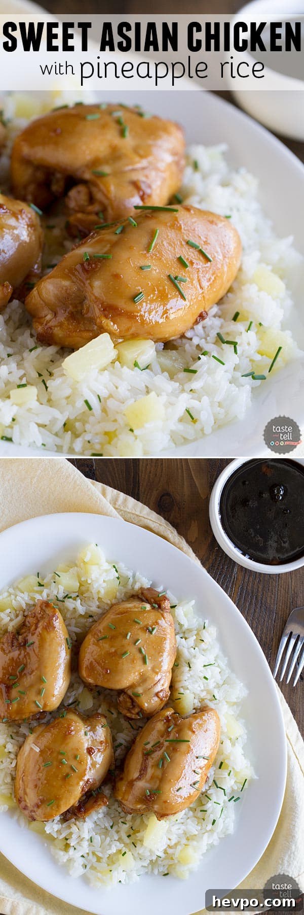 Boneless chicken thighs are coated in a sweet asian-inspired sauce and served over sweet pineapple rice in this Sweet Asian Chicken with Pineapple Rice.