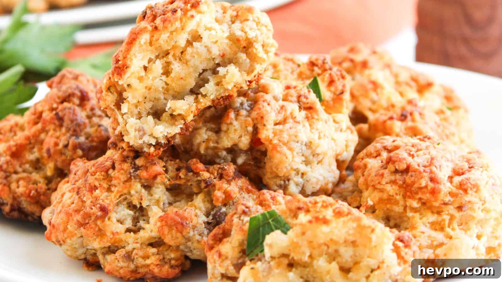 31 Copycat Restaurant Recipes for Delicious Nights In 3 A plate of golden-brown, cheesy sausage balls stacked on top of each other, with one ball partially broken to show the inside texture.