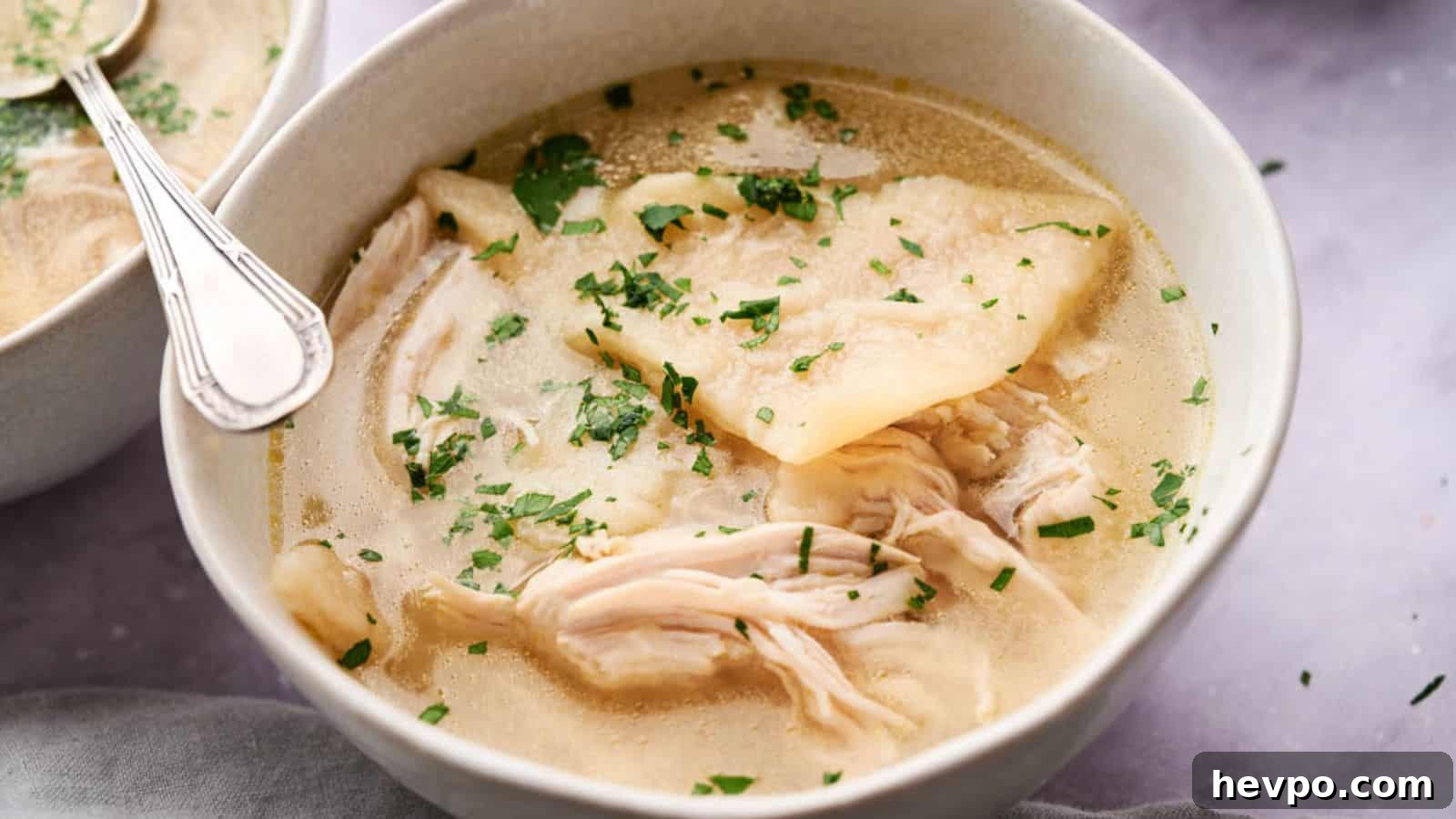 31 Copycat Restaurant Recipes for Delicious Nights In 4 A bowl of Cracker Barrel Chicken and Dumplings garnished with chopped parsley.