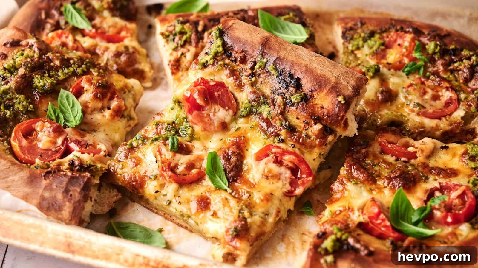 31 Copycat Restaurant Recipes for Delicious Nights In 31 Rectangular slices of pizza topped with melted cheese, tomato, green pesto, and fresh basil leaves on a baking tray.