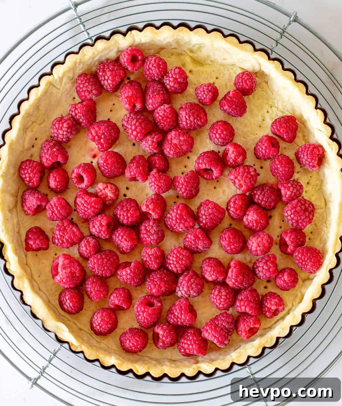 Fresh raspberries in a tart shell on a wire rack on a white marble surface.