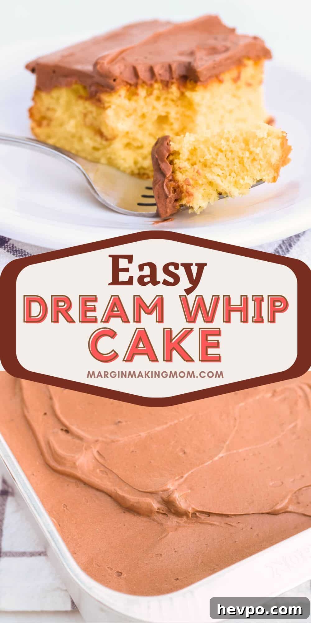 two photos of Dream Whip cake--one shows a piece of cake with a bite taken out of it, the other shows the surface of the frosted cake.