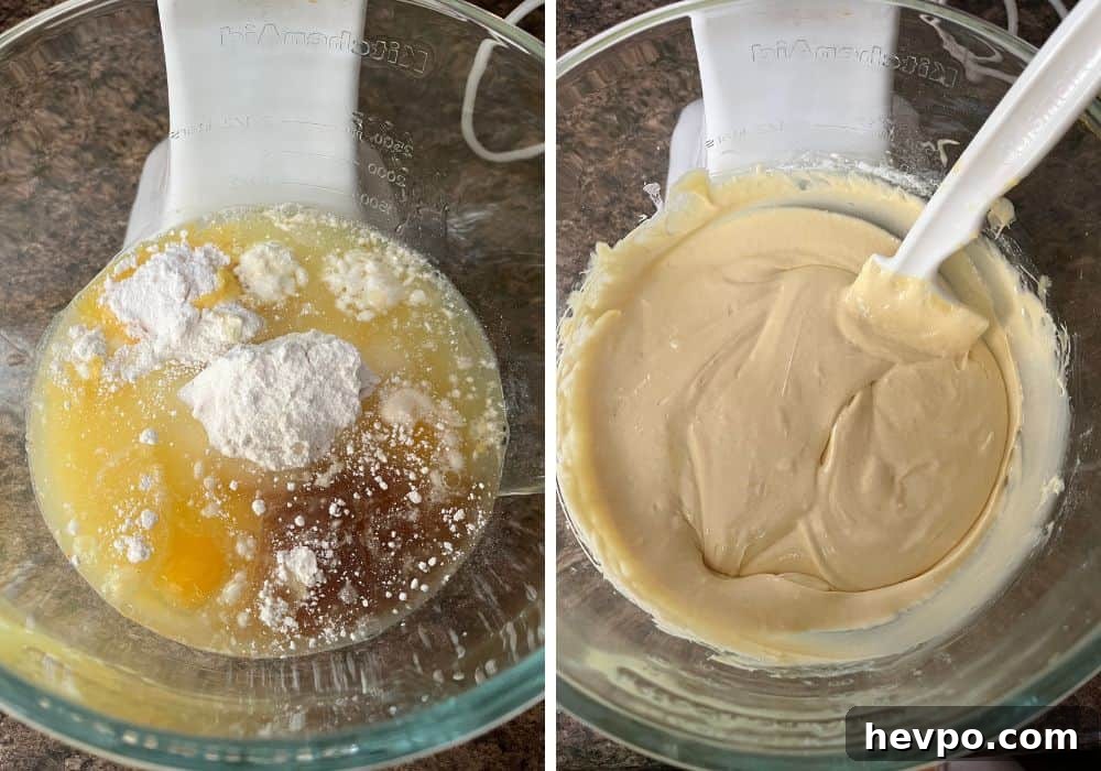 two photos; one shows all ingredients for the cake in the bowl of a stand mixer; the other shows the ingredients mixed together into a cake batter, with a spatula scraping down the sides of the bowl.