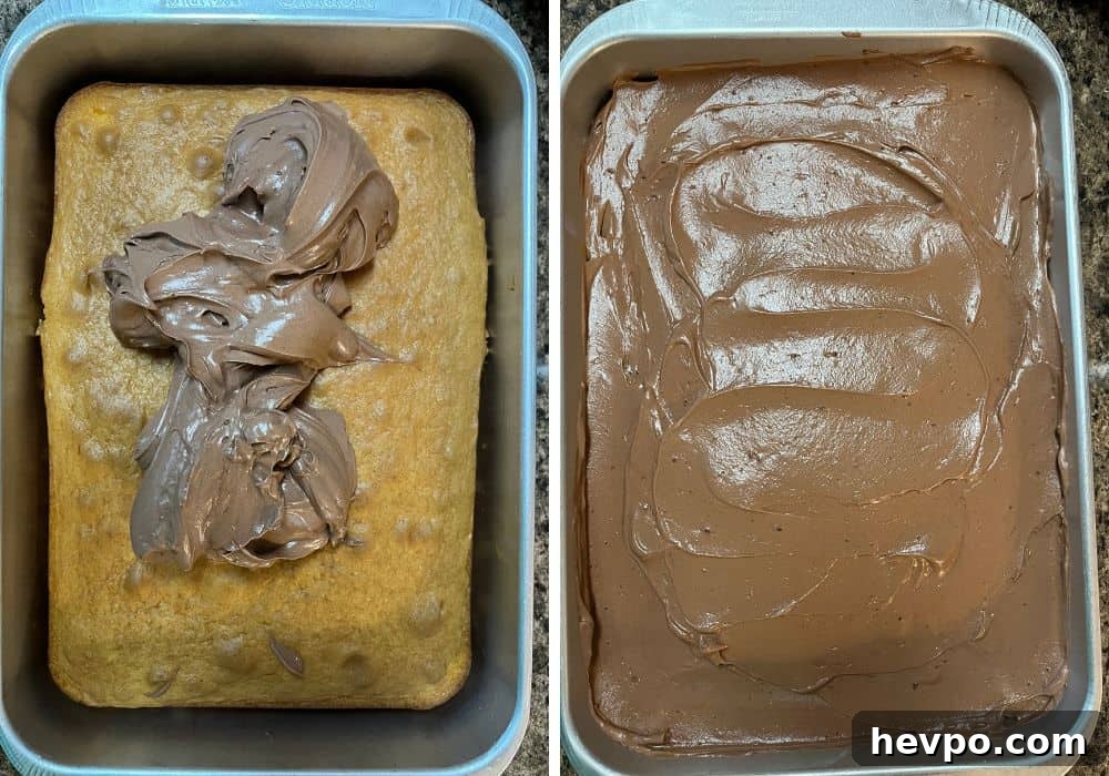 two photos; one shows whipped pudding frosting dolloped onto the cooled cake; the other shows the frosting spread out over the cake.