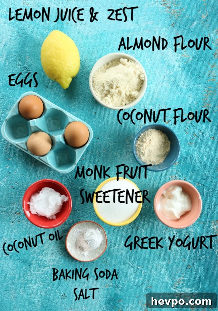 Keto Gluten-Free Sugar-Free Lemon Loaf Cake Recipe 3 labeled ingredients on a turquoise board