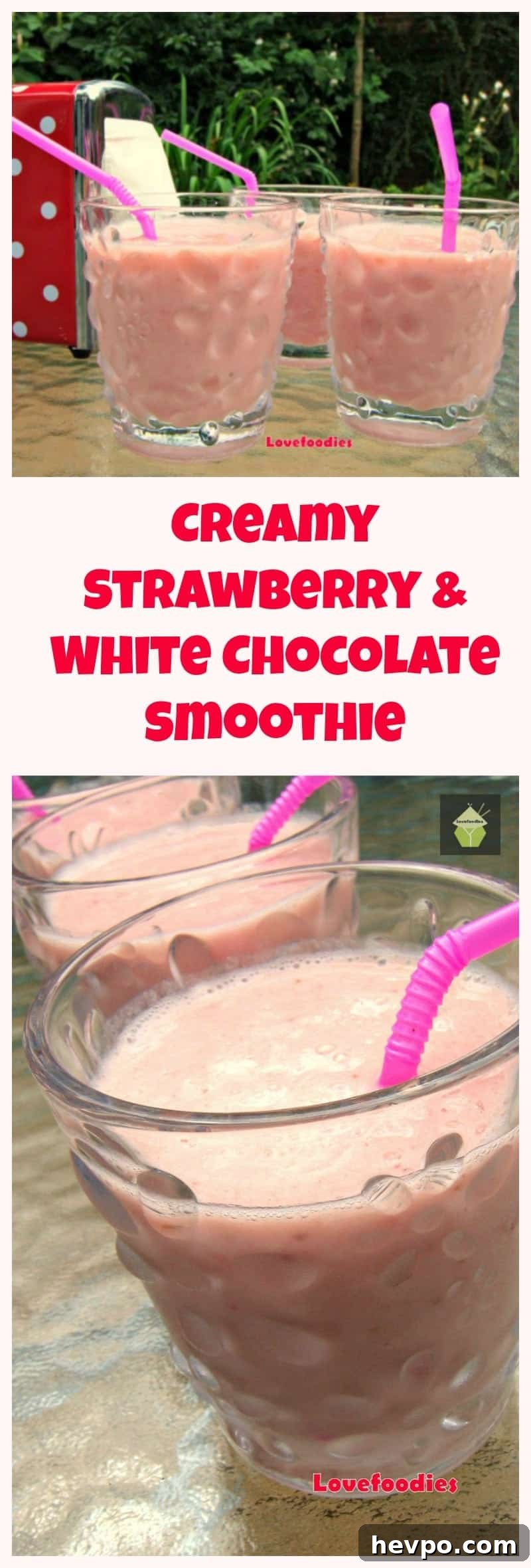 Strawberry White Chocolate Smoothie Recipe — Creamy & Indulgent 3 Easy Creamy Strawberry and White Chocolate Banana Smoothie. Tastes just like milkshake but without the cream or ice cream! Delicious!