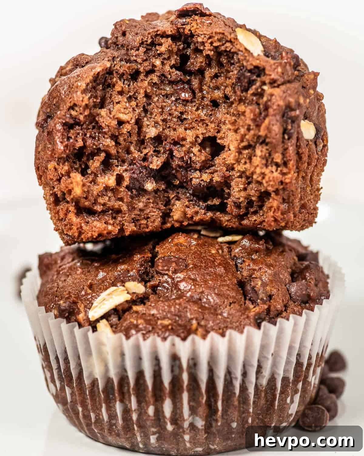 Decadent Chocolate Oatmeal Muffins with Chocolate Chips 3 a bitten chocolate oatmeal muffin stacked on top of a whole muffin.