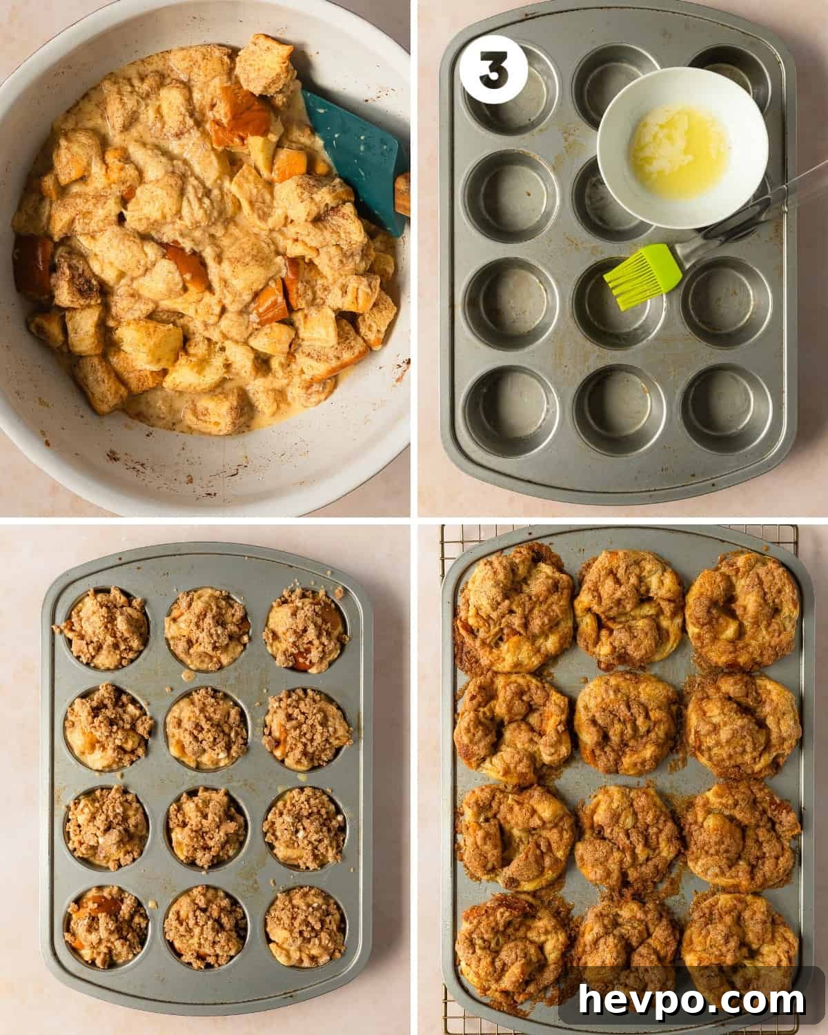 Irresistible French Toast Muffins: Crispy, Cinnamon-Braised Bites 6 Preheat the oven to 350 F (177 C) for 20 - 30 minutes. When it’s time to bake, grease a 12 ct. muffin pan with melted butter. Use a 3 tablespoon sized cookie scoop to scoop the french toast batter into each of the muffin cups. Top with the chilled crumble. Bake the muffins for 25 - 35 minutes or until the tops are a beautiful golden brown color. Cool the cinnamon toast muffins in the muffin pan for 5 minutes. Serve these easy baked french toast cups with powdered sugar, maple syrup and fresh berries.