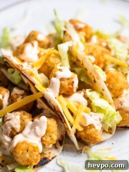 Three spicy potato tacos filled with iceberg lettuce, cheddar cheese, tator tots and creamy chipotle sauce