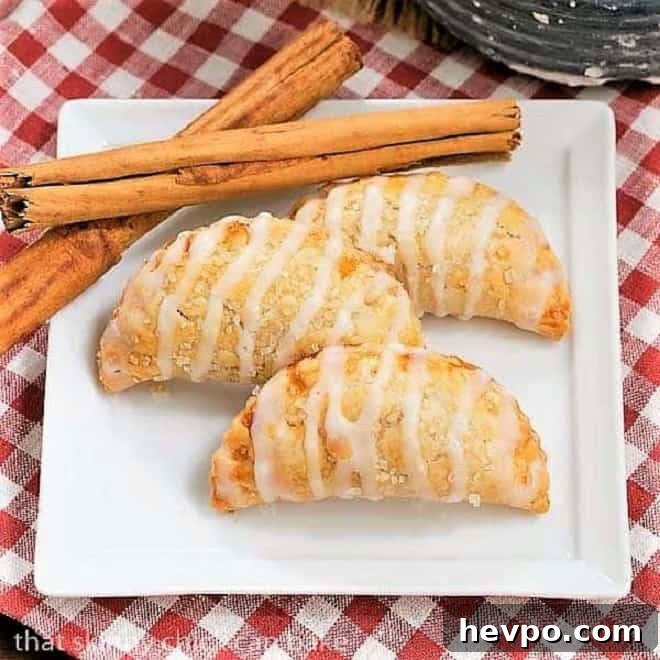 Fried Apple Pies on a white square plate with cinnamon sticks