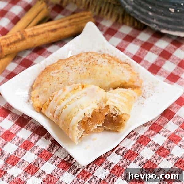 Two Fried Apple Pies on a white ceramic plate on a checkered napkin, with one broken open to expose the filling