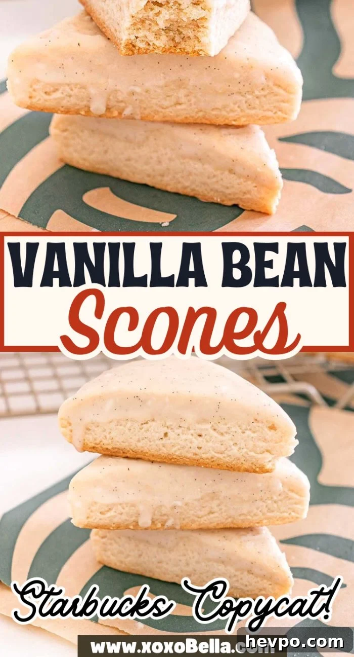 Three Starbucks Copycat Vanilla Bean Scones stacked on a patterned surface, each topped with a light glaze.
