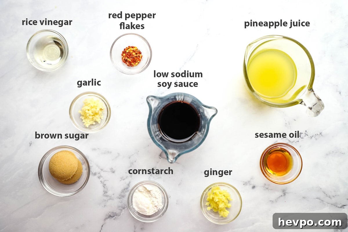 overhead view of ingredients to make pineapple teriyaki sauce