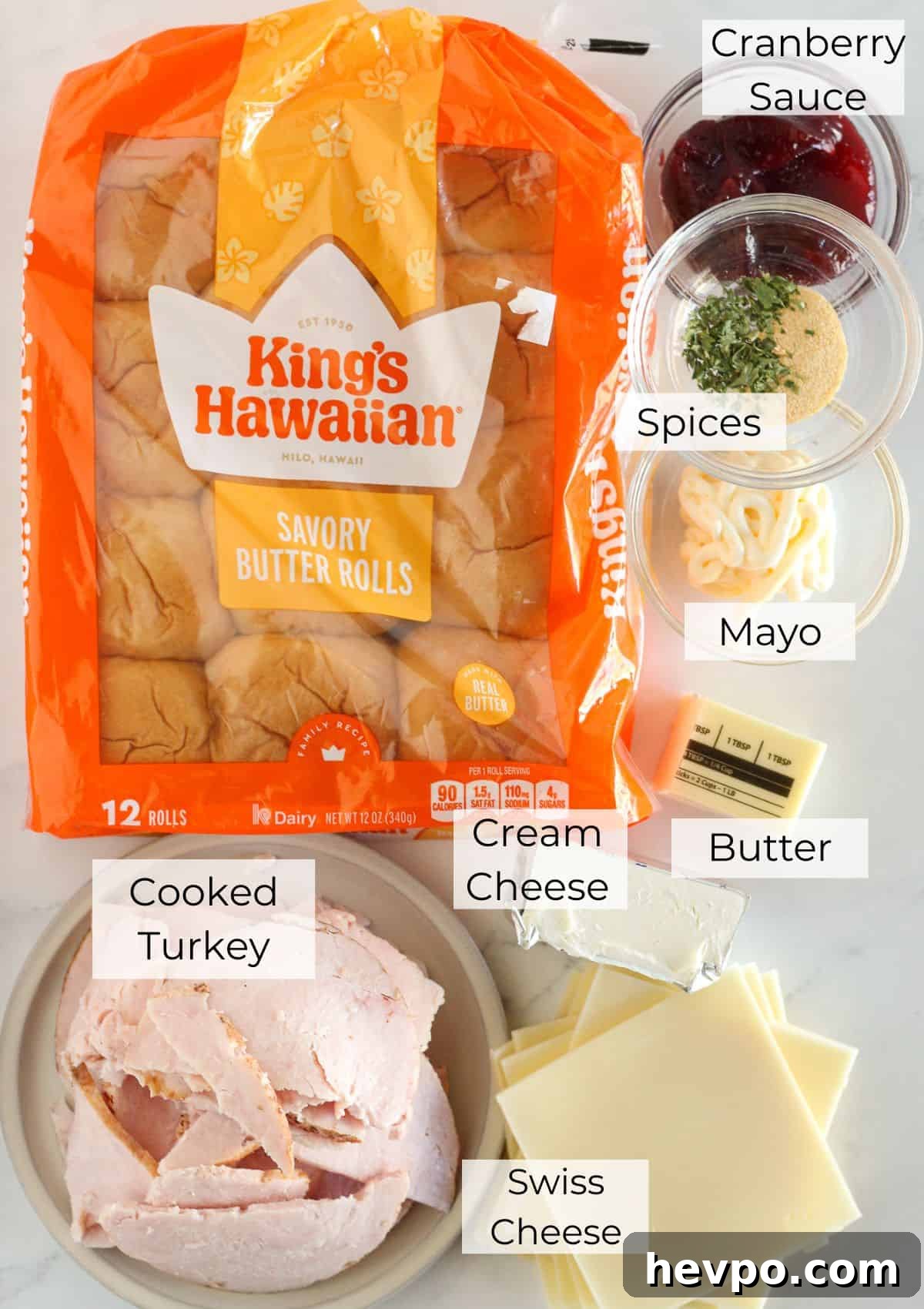 Turkey Cranberry Sliders with Herbed Cream Cheese Recipe 3 The ingredients needed to make turkey and cranberry sliders.