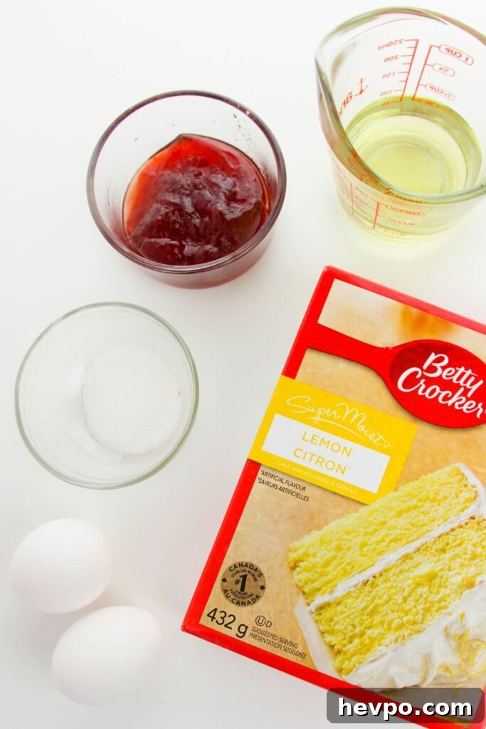 Cake Mix Thumbprint Cookies with Jam Filling 3 ingredients for cake mix cookies on a white counter