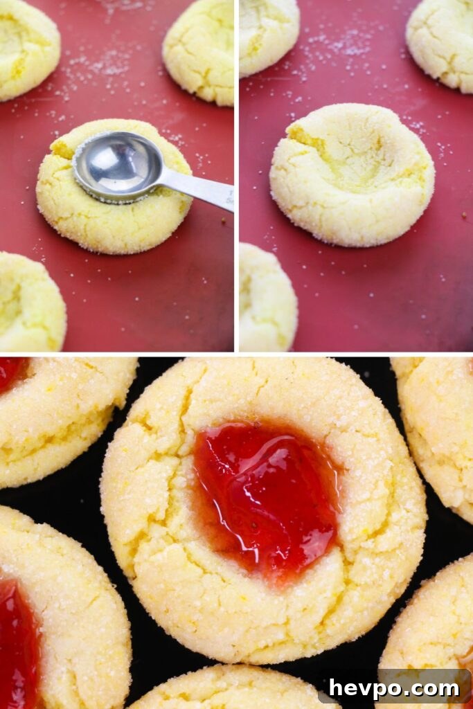 Cake Mix Thumbprint Cookies with Jam Filling 5 showing in a collage on to fill thumbprint cookies with jam