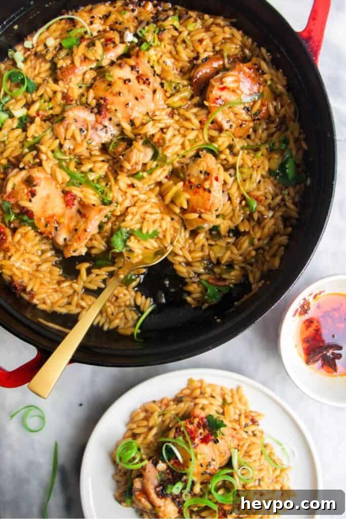 Crispy Korean Fried Chicken Recipe: Extra Crunch & Sticky Sauce 17 Ginger chicken orzo in a large black skillet, with more chicken orzo in a small plate on the side.