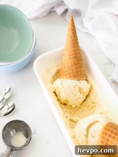 Homemade French Vanilla Ice Cream Recipe – Creamy & Classic 18 Two ice cream cones with French vanilla ice cream in an ice cream container.