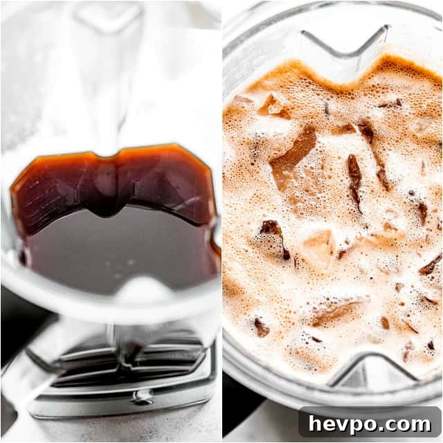 2 picture collage with a coffee in a blender