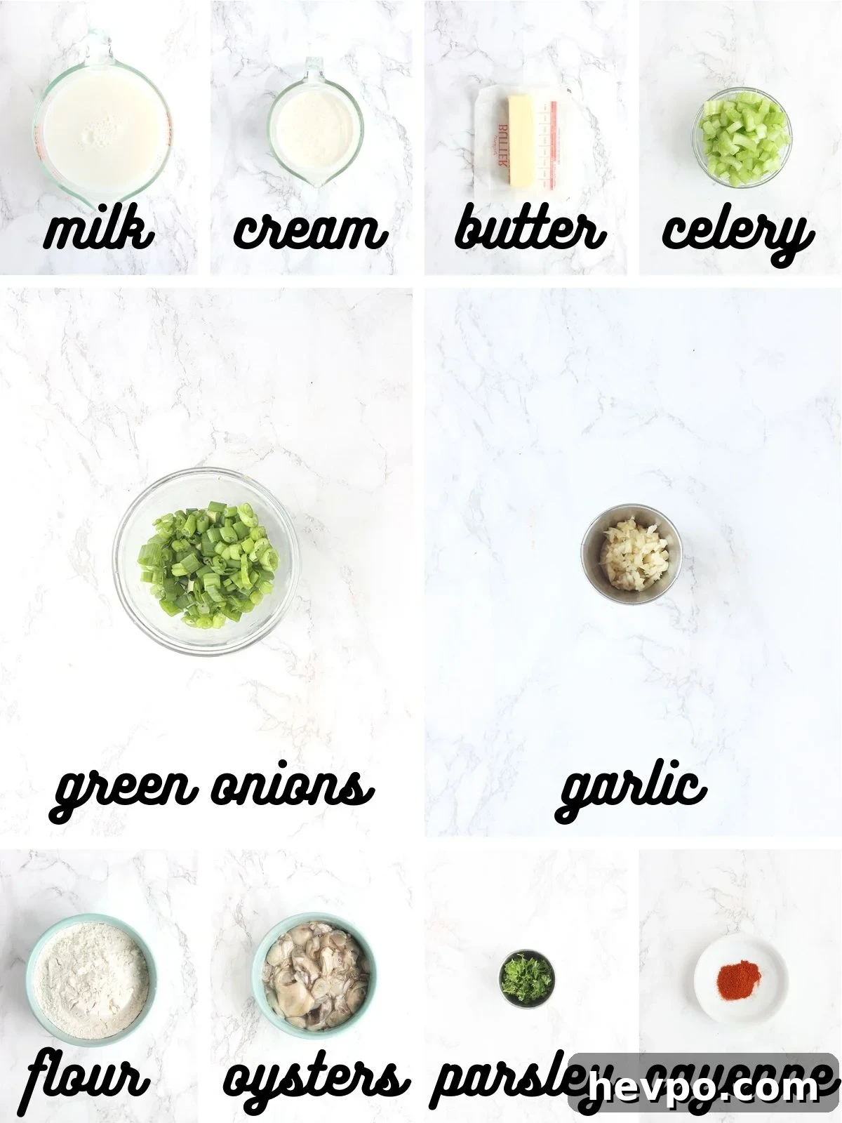 oyster stew ingredients include milk, cream, butter, celery, green onions, garlic, flour, oysters parsley and cayenne pepper