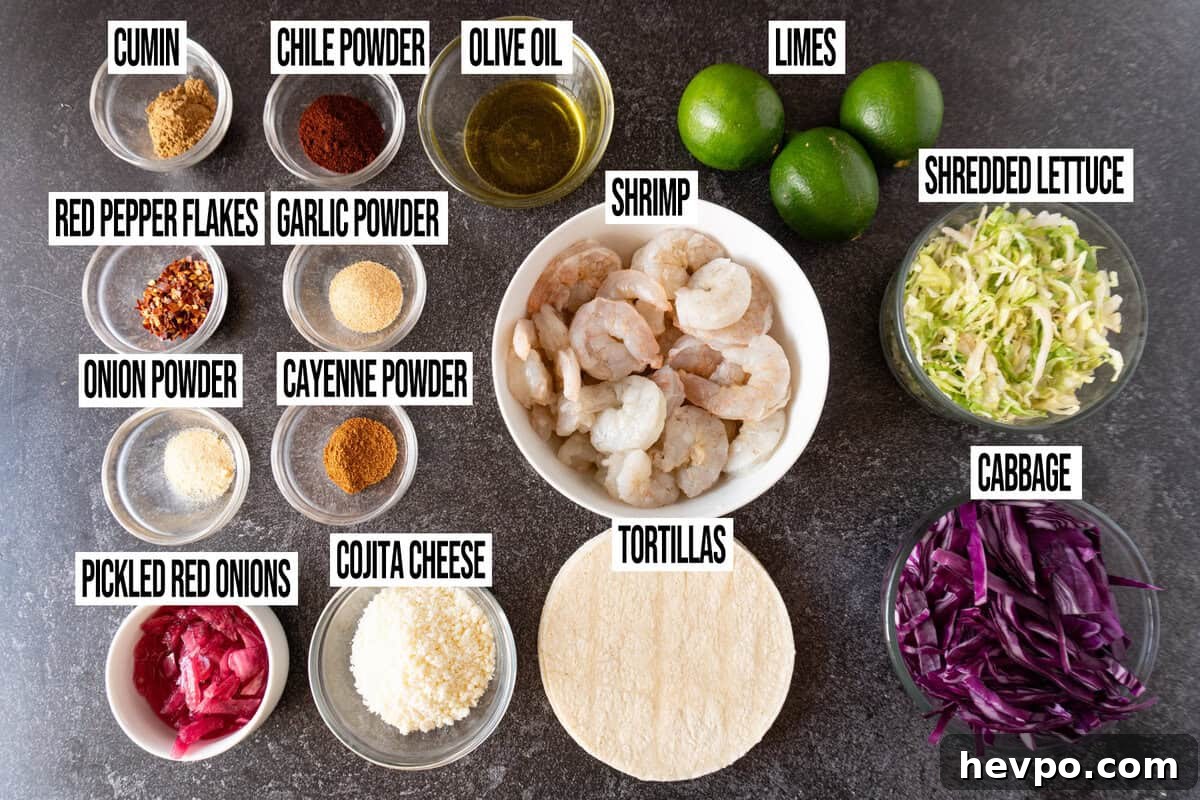 Spicy Blackened Shrimp Tacos with Avocado Lime Slaw 3 spicy shrimp tacos ingredients in individual bowls and labeled.