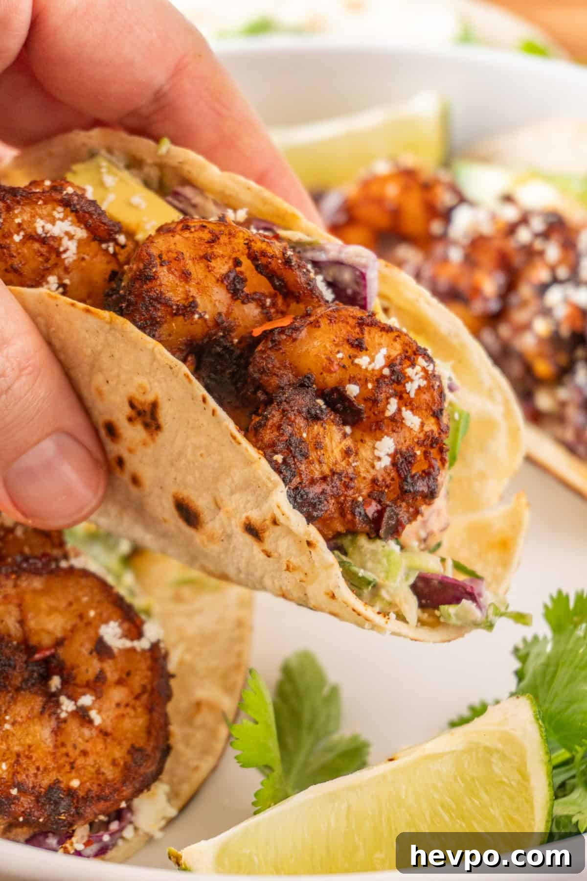Spicy Blackened Shrimp Tacos with Avocado Lime Slaw 6 holding a shrimp taco sprinkled with cotija cheese.