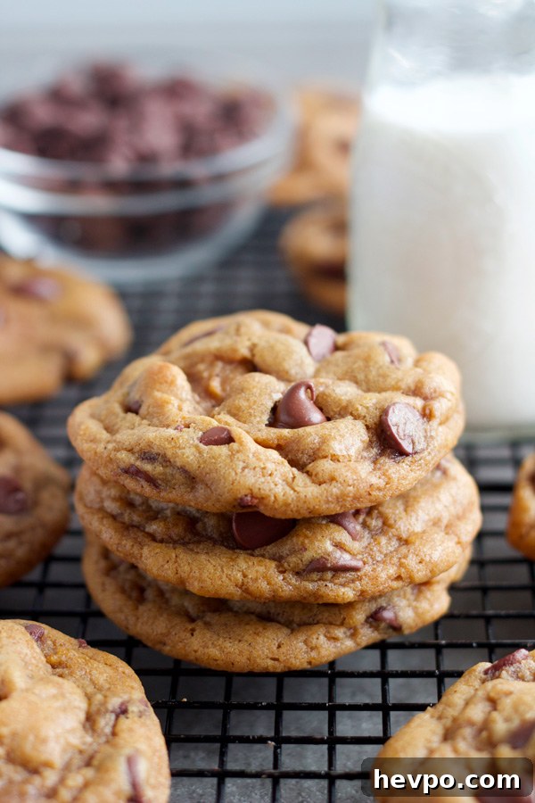 stack of three browned butter chewy pumpkin chocolate chip cookies with a glass of milk