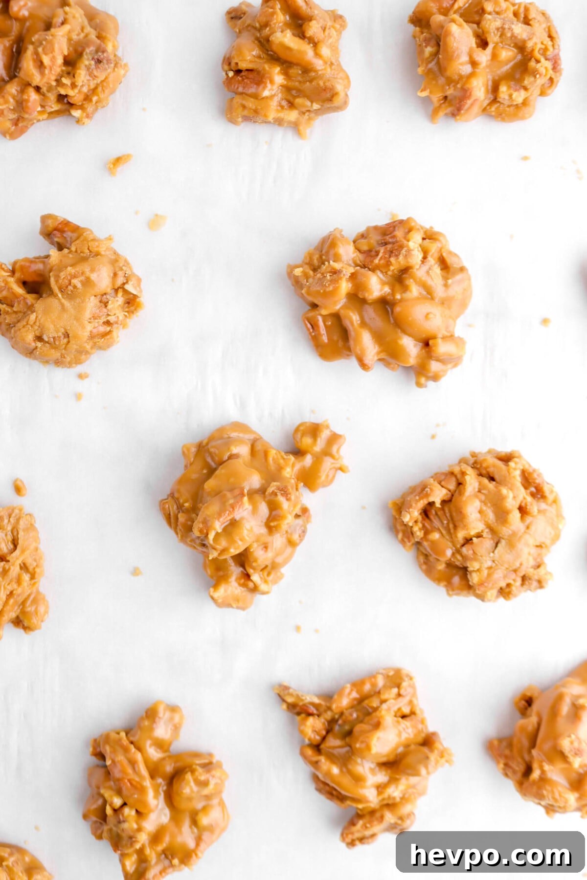 Southern Buttermilk Pecan Pralines Recipe – Classic Southern Candy 13 overhead photo of pecan pralines on parchment paper