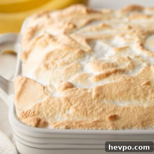 toasted meringue on top of banana pudding in a casserole dish.