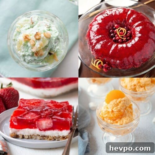 4 sweet salads including a green pistachio salad and an orange dreamsicle salad.
