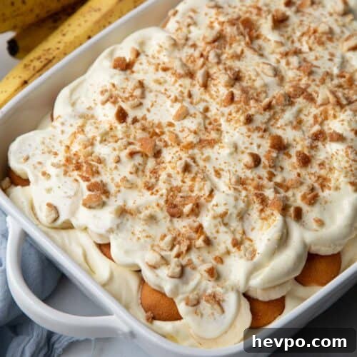 no cook banana pudding in a white baking dish.