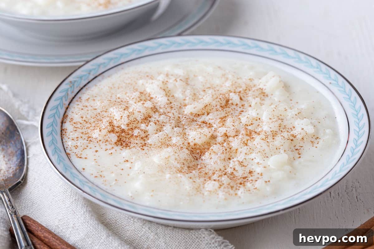 Creamy Rice Pudding Made with Cooked Rice 8 bowl of creamy rice pudding topped with ground cinnamon.