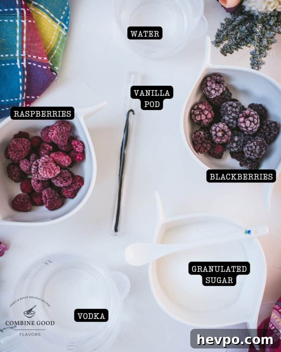 Ingredients homemade chambord - raspberries, blackberries, granulated sugar, vodka, vanilla pod, water.