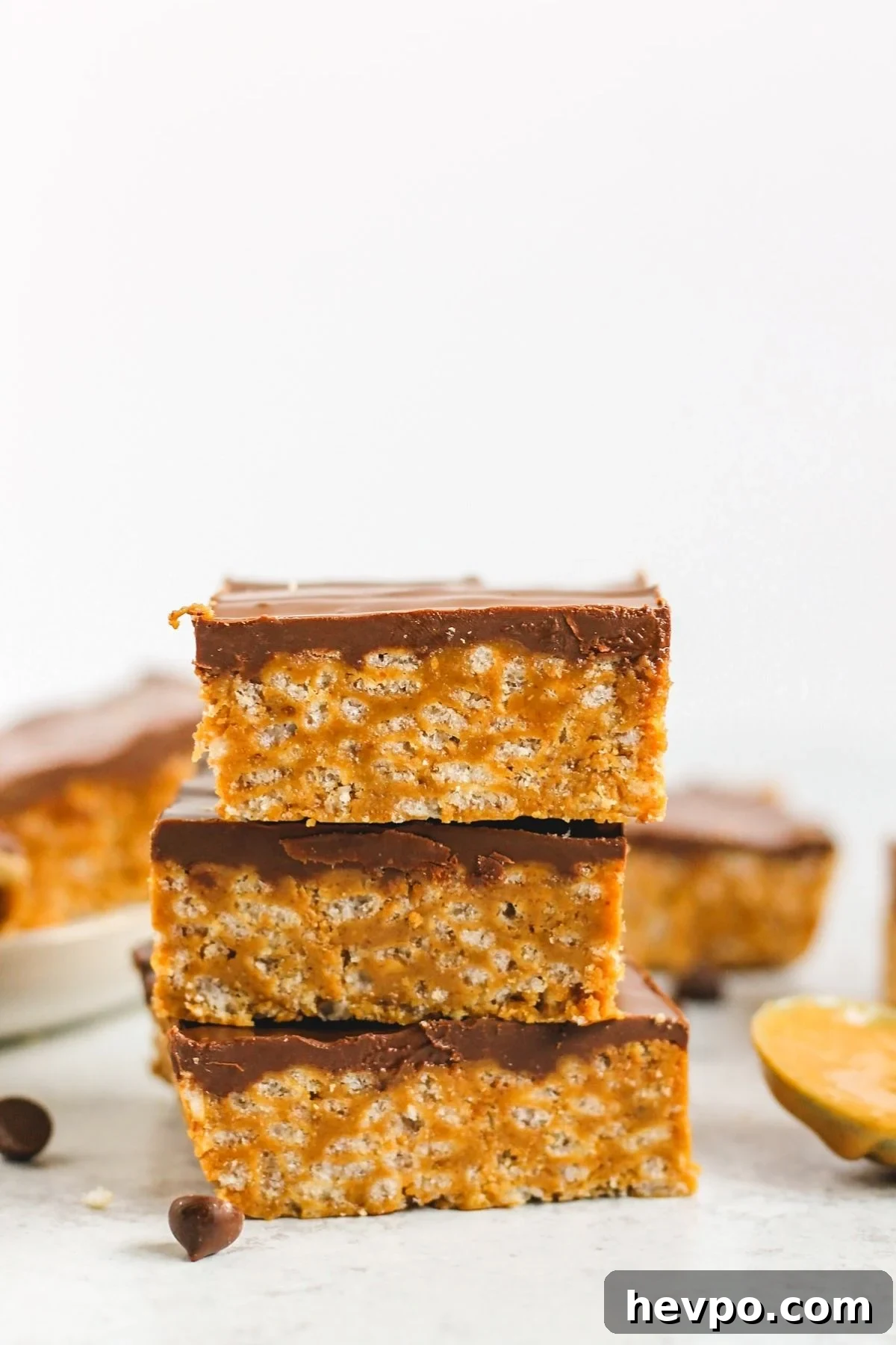 Scotcheroo bars stacked 3 high.
