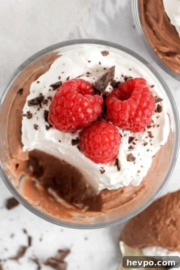 Chocolate mousse topped with whipped cream and raspberries in a small serving dish with a spoonful taken from the dish.