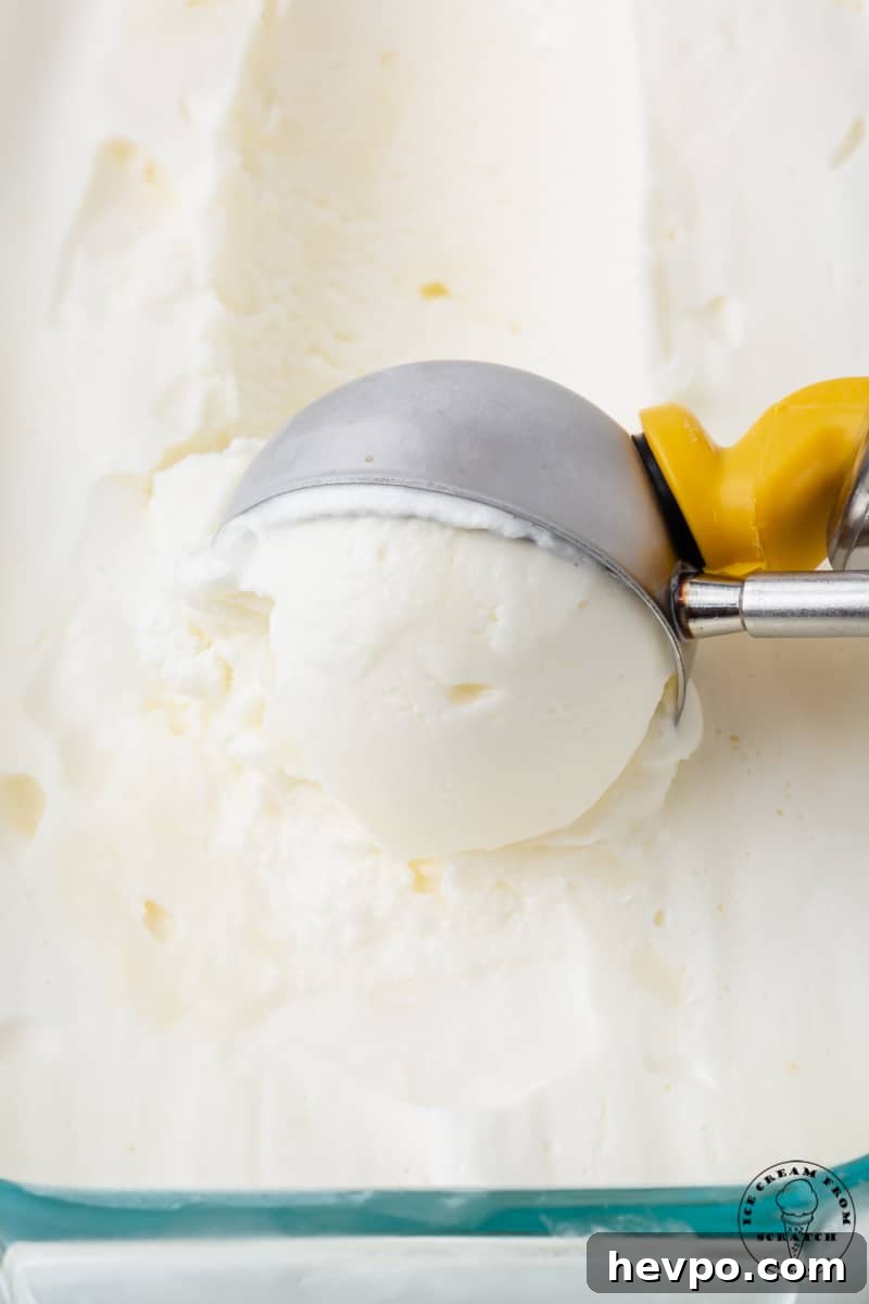 Apple Pie à la Mode: Classic Warm Apple Pie with Ice Cream 3 a glass pan filled with homemade vanilla ice cream. An ice cream scoop is pulling up a scooop