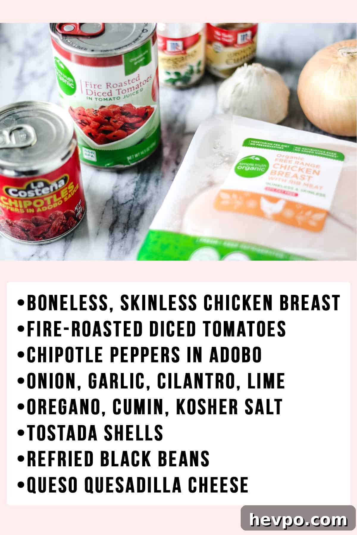 Chicken Tinga Tostadas — Instant Pot or Slow Cooker Guide 3 Ingredients for chicken Tinga on a white marble surface.