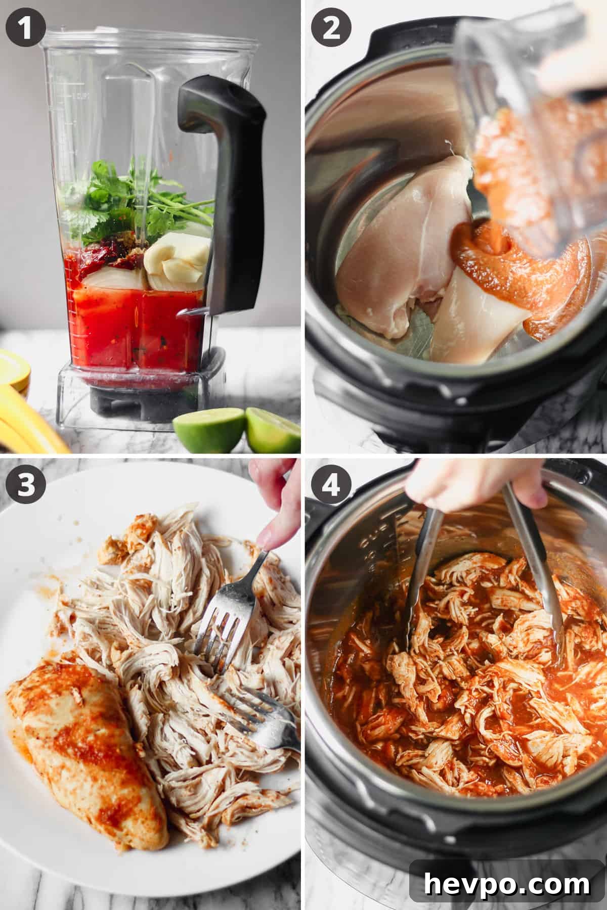 Chicken Tinga Tostadas — Instant Pot or Slow Cooker Guide 4 Collage of four images showing sauce ingredients, sauce pouring over chicken, shredding chicken, and tossing chicken in sauce.