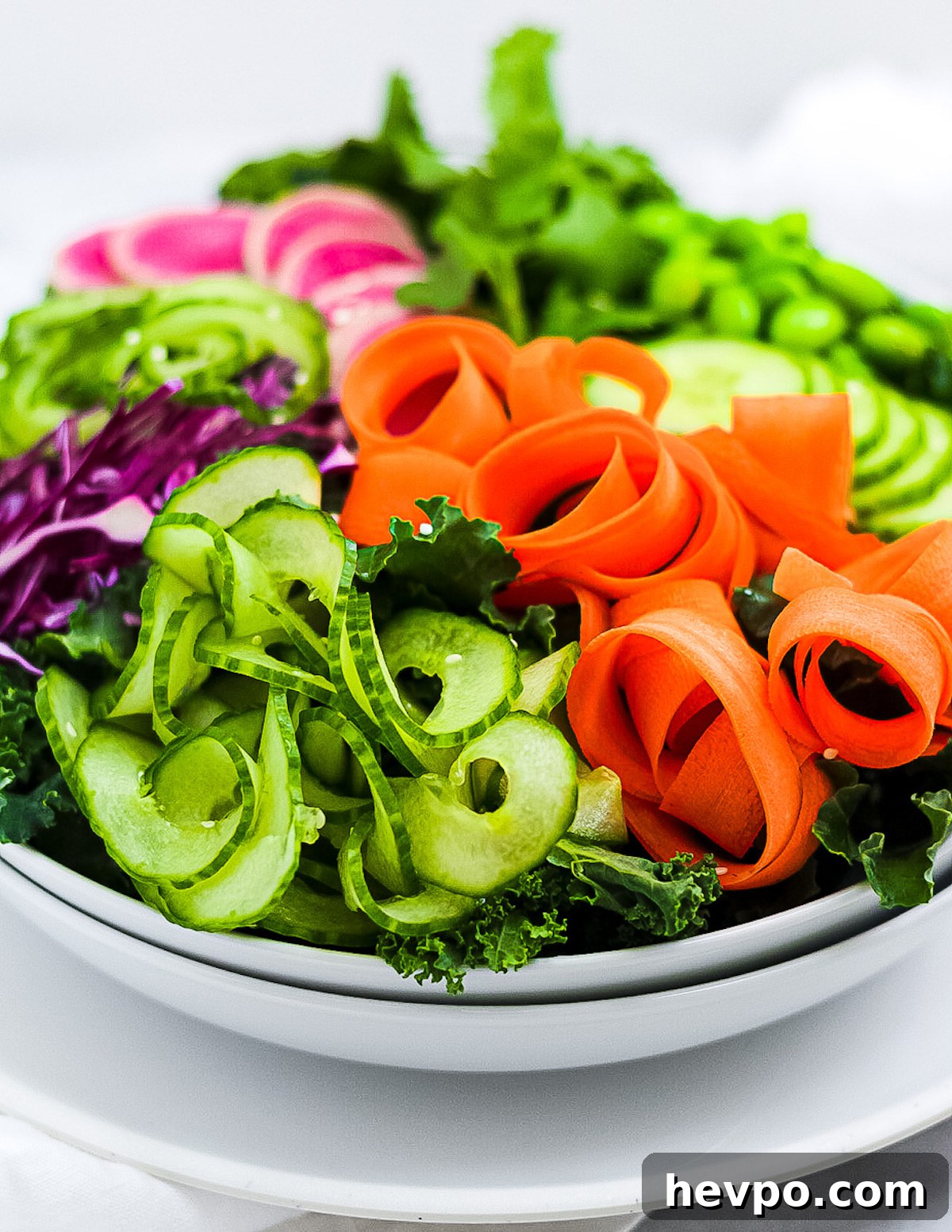 A large white bowl with kale, cucumbers, carrots, radishes, and red cabbage inside.