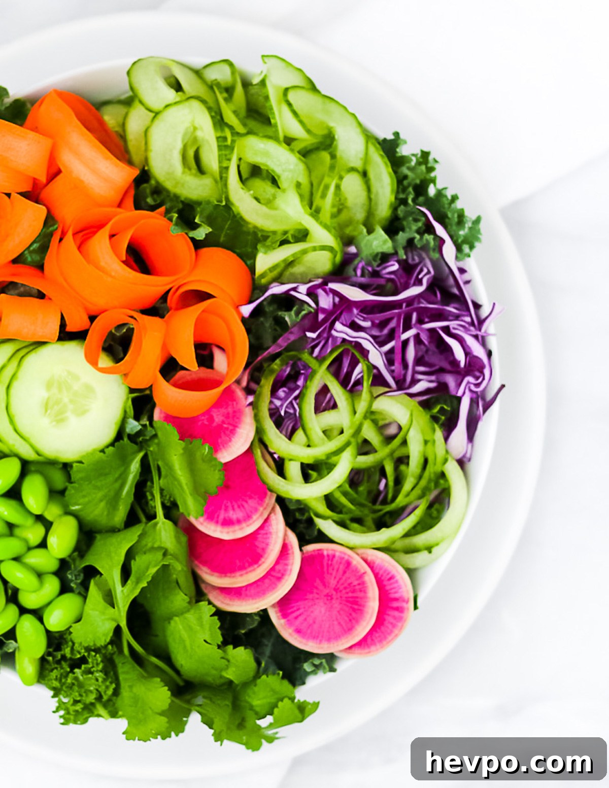 An overhead picture of a salad in white bowl. The salad includes kale, cucumbers, carrots, red cabbage, pink radishes, edamame, and cilantro
