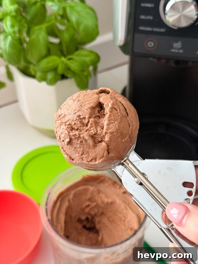 Ninja Creami Chocolate Frozen Yogurt being served using a stainless steel ice cream scoop.