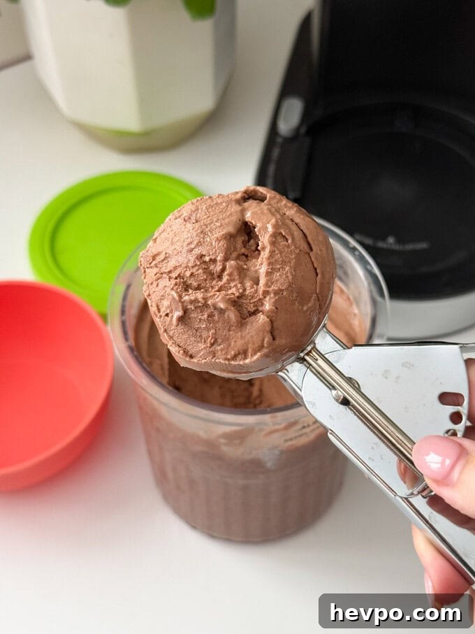Ninja Creami Chocolate Frozen Yogurt being served using a stainless steel ice cream scoop.